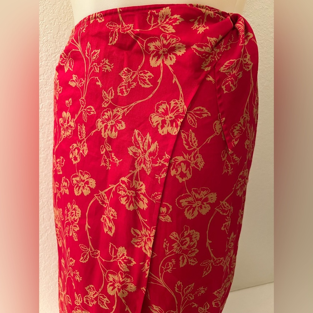 Ralph Lauren Wrap Skirt 10P 31 Waist x 33 Midi Maxi Length Silk Linen Red Tan